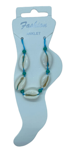 Zomers turquoise enkelbandje met schelpjes als origineel cadeautje op kaart