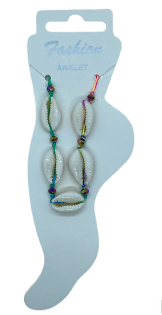 Zomers multicolor enkelbandje met schelpjes als origineel cadeautje op kaart