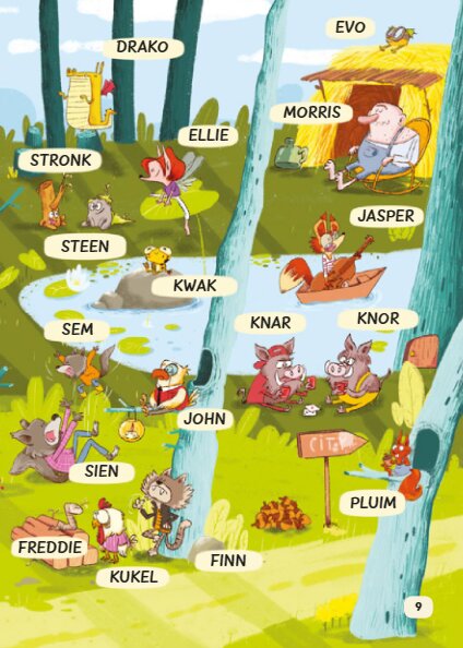 Binnenkant stripboek met kleurrijke illustraties en tekst
