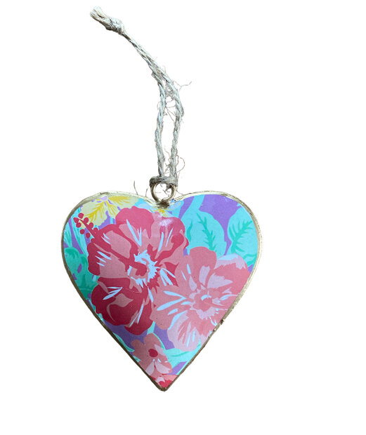 Metalen hart hanger roze bloemen