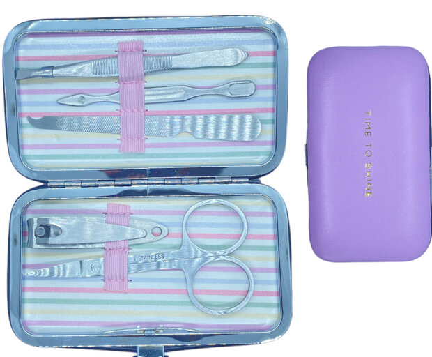 Geopend lila manicure-etui Time to Shine met de 5 verzorgingstools en cadeaudoosje