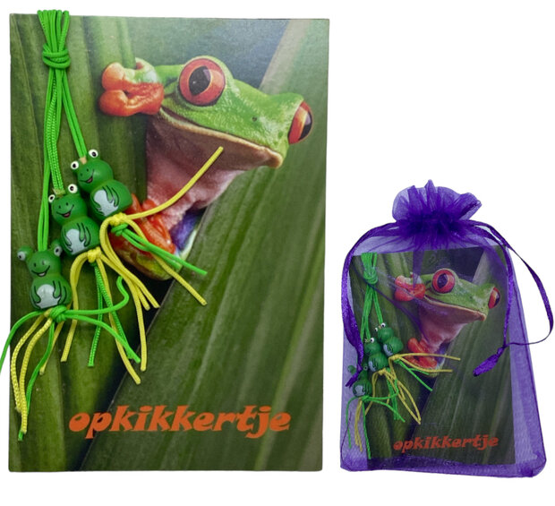 Kaartje Opkikkertje van 10 x 7,5 cm met 3 kikker gelukshangers in organzazakje