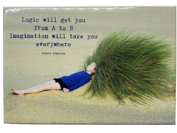 Inspirerende magneet met tekst Logic will get you from A to B en illustratie van meisje in het gras