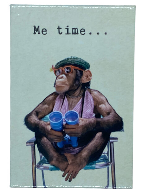 Vrolijke magneet met tekst Me time en afbeelding van een aap op een stoel op een koelkast