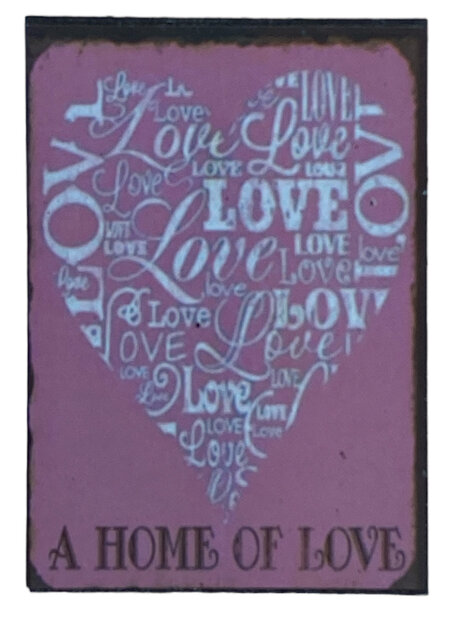 Roze magneet A Home of Love met wit hart 7 x 5 cm