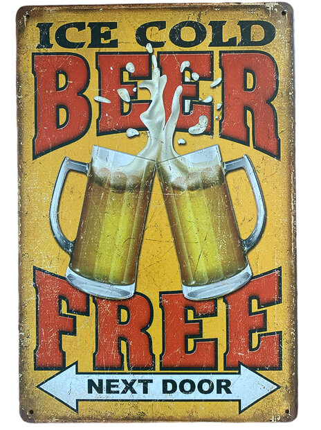 Kleurrijk metalen wandbord Ice cold beer free next door met twee proostende bierglazen