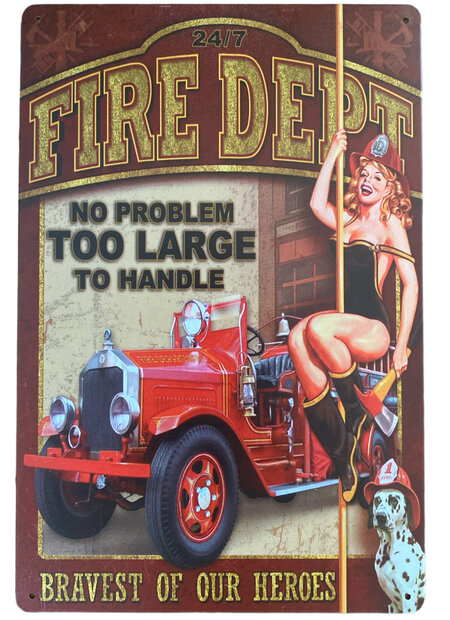 Vintage metalen wandbord 24/7 Fire dept met illustratie van brandweervrouw en klassieke brandweerauto