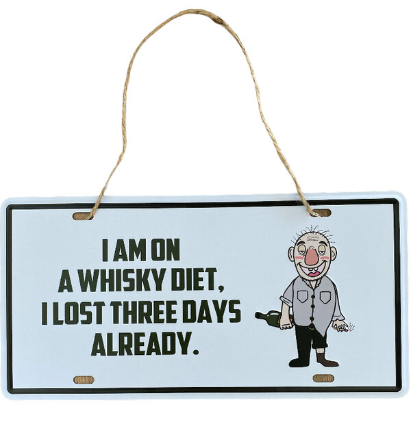 Metalen wandbord I am on a whiskey diet met retro mannetje en drankfles
