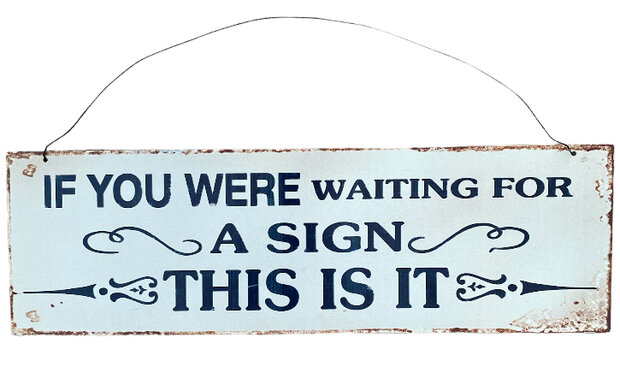 Langwerpig metalen wandbord met tekst If you were waiting for a sign this is it