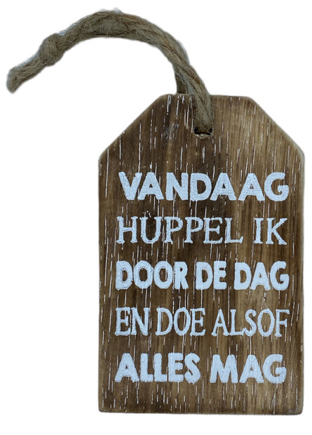 Houten hanger met tekst Vandaag huppel ik door de dag en doe alsof alles mag