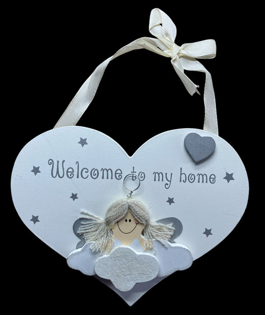 Houten hartbordje met tekst Welcome to my home en 3D engeltje van 15 x 10 cm