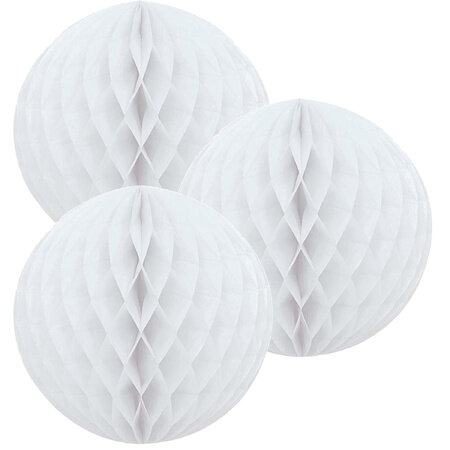 Set van 3 witte papieren honeycombs in afmetingen 30,5 cm, 25,4 cm en 20,3 cm