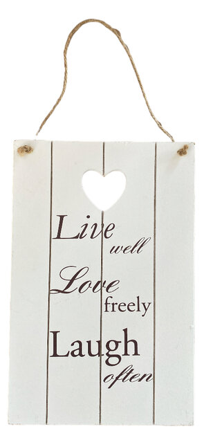 Houten wandbord Live well Love freely Laugh often met uitgesneden hartje 23 x 15 cm