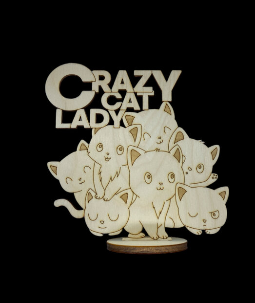 Crazy cat lady houten voetstuk van berken multiplex op standaard