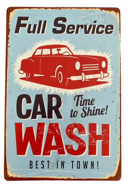 Metalen bord met retro auto en tekst Full Service Car Wash time to shine van 30 x 20 cm