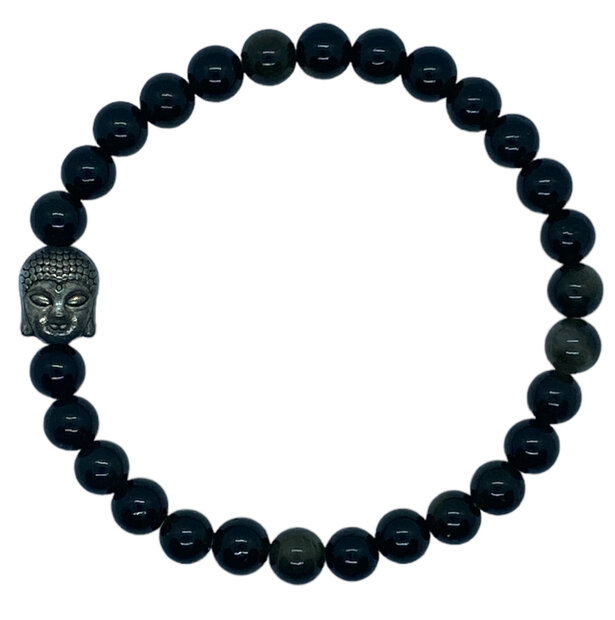 Zwarte obsidiaan armband met zilveren Boeddha kraal.