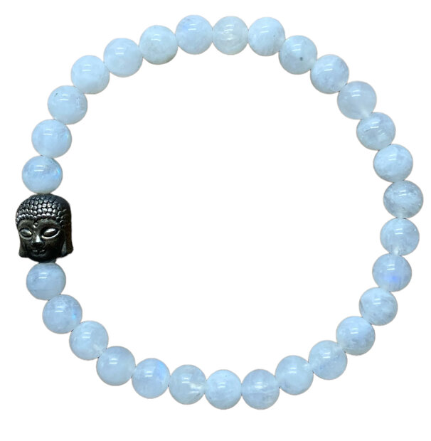 Witte maansteen armband met zilveren Boeddha kraal.