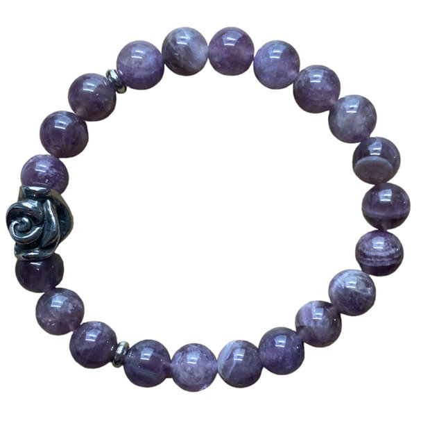 Paarse amethist armband voor dames met zilveren rooskraal.