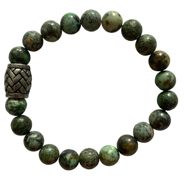 Unisex armband van groen-blauwe Afrikaans Turquoise natuursteen met RVS kraal.