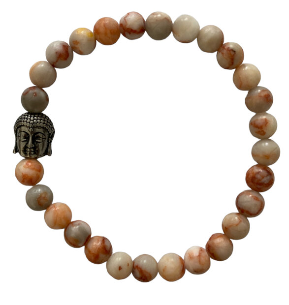 Wit-rode geaderde onyx armband met RVS Boeddha kraal.