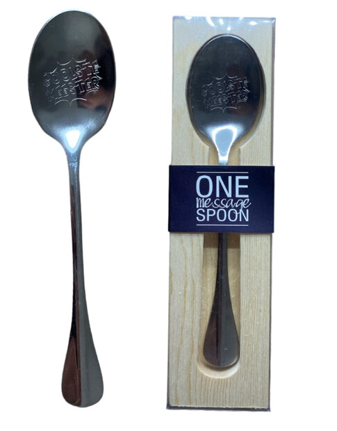 Ingegraveerde RVS lepel met tekst Coolste meester in houten geschenkverpakking