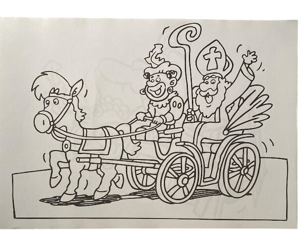 Detailopname van de vrolijke Sinterklaaskleurplaten in het kleurboek