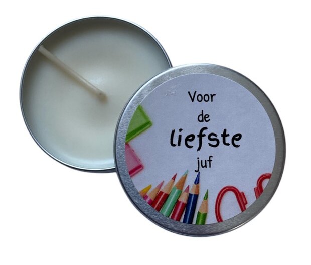 Koolzaadwas kaars in blikje met tekst Voor de liefste juf