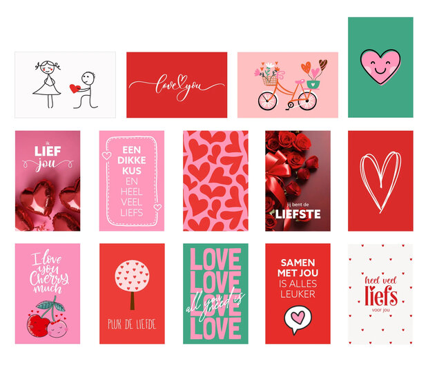 Close-up van lieve teksten en illustraties op kaartjes in het doosje Liefde Voor Jou