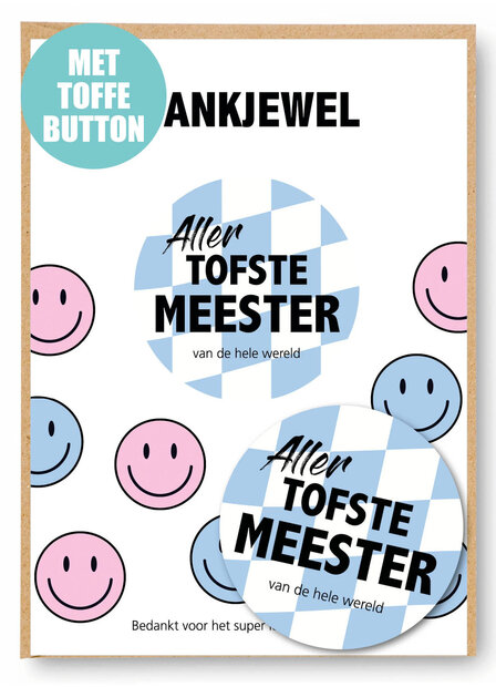 Kaart met button voor meester &ndash; voorzijde met kleurrijke smiley&rsquo;s