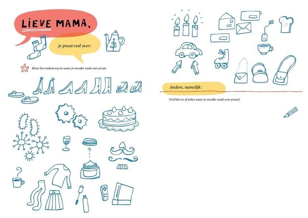 Inkijkexemplaar van de kleurrijke invullijstjes en vragen over mama