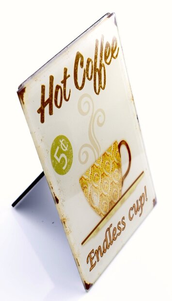 Glazen bordje Hot Coffee Endless cup op standaard 17 x 10 cm