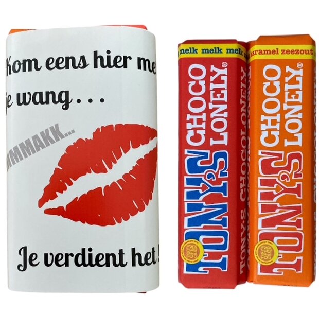 Smakkerd Tony&rsquo;s Chocolonely chocolade met rode lippen