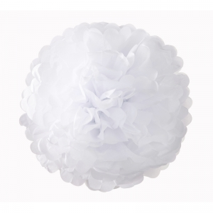 Detailopname van een witte papieren pom pom met het handige ophangkoordje