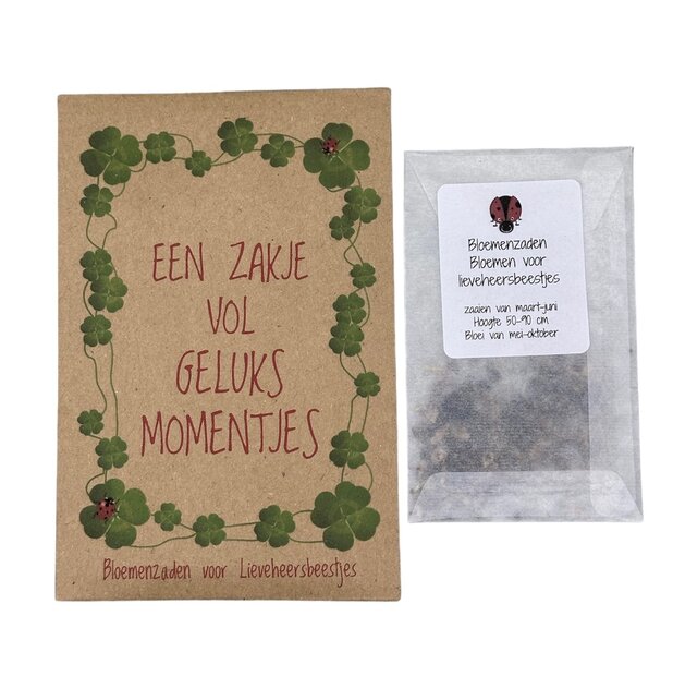 Kraftzakje met zaadjes voor lieveheersbeestjes en tekst &ldquo;Een zakje vol geluksmomentjes&rdquo;