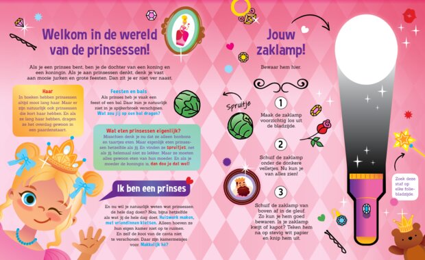 Kinderboek 'Speuren met Prinsessen' met kartonnen zaklamp en kleurrijke illustraties.