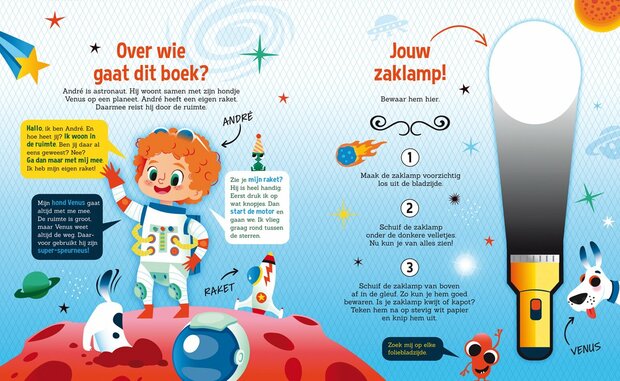 Kinderboek 'Speuren in de Ruimte' met kartonnen zaklamp en kleurrijke zoekplaten.