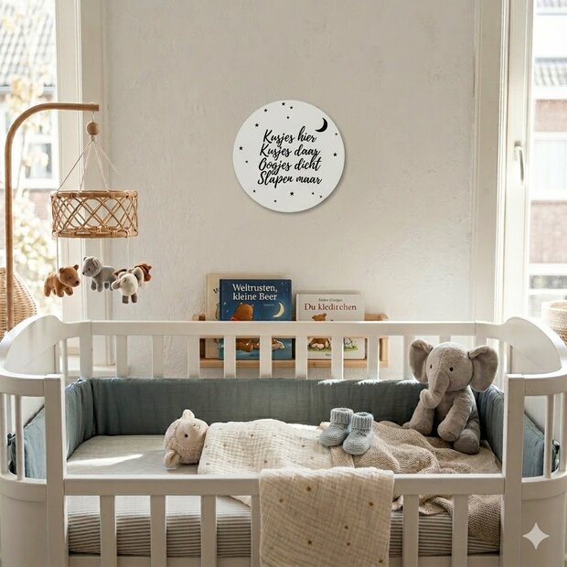 Muurdecoratie cirkel van 20 cm opgehangen in een lichte kinderkamer.