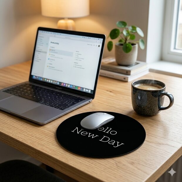 De compacte 23 cm muismat naast een laptop en een kop koffie.