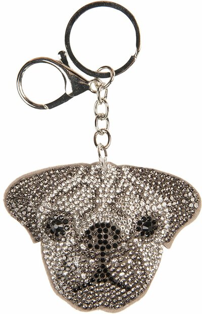 Glinsterende hondenkop sleutelhanger met zilveren strass-steentjes en keyring.