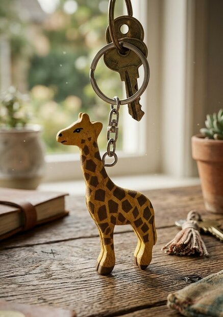 Fair trade giraffe hanger van natuurlijk hout met metalen ring.