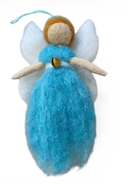 Turquoise-wit wollen beschermengel hanger van 14,5 cm voor in huis.