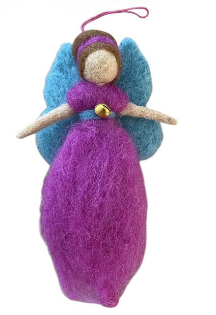 Paars-turquoise wollen beschermengel hanger van 14 cm voor in huis.