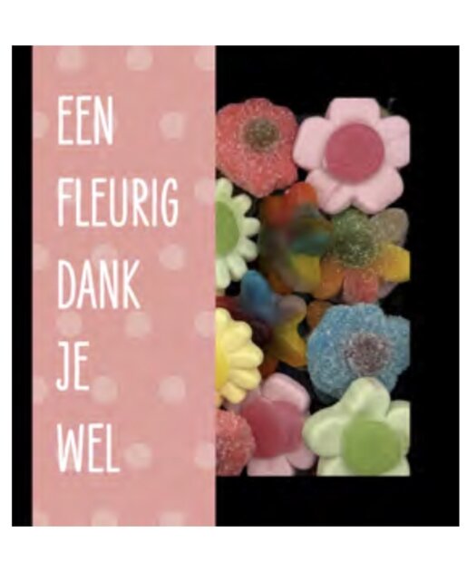 Vensterdoosje met wikkel "Een fleurig dankjewel" gevuld met snoepbloemen.