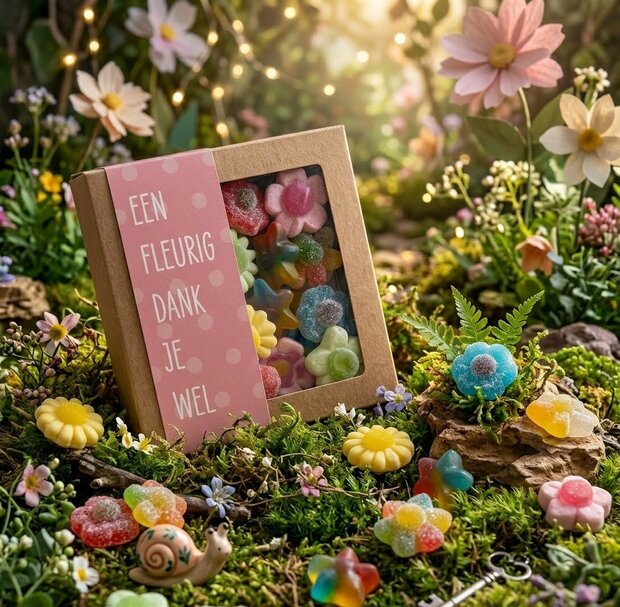 Kleurrijke winegum bloemen in een doosje met tekst "Een fleurig dankjewel".