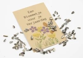 Kraftzakje met zonnebloemzaden en tekst &ldquo;Een bloemetje voor je verjaardag&rdquo;verjaardag &ndash; zakje met zonnebloe