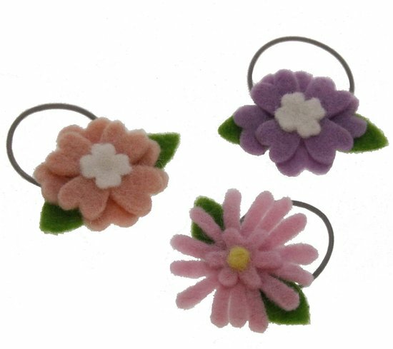 Set van drie haar elastiekjes met vilten bloemen in roze paars en zalmkleur.
