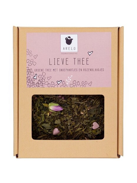 Lieve Thee met suikerhartjes en rozenblaadjes in geschenkverpakking