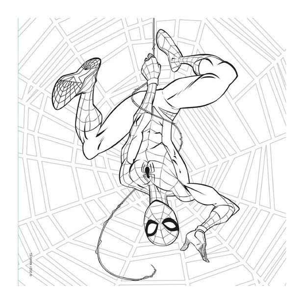 Opengeslagen Spider-Man kleurboek van 22 x 22 cm met een actievolle kleurplaat