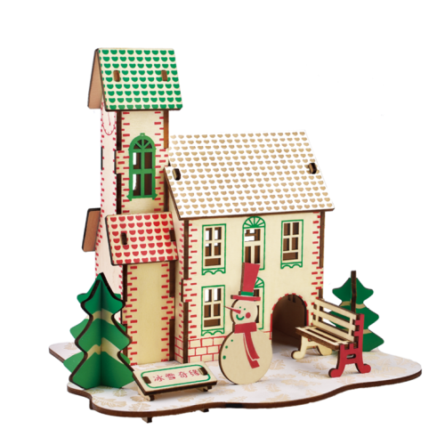 3D houten constructieset gekleurd sneeuw huisje opgebouwd als decoratie