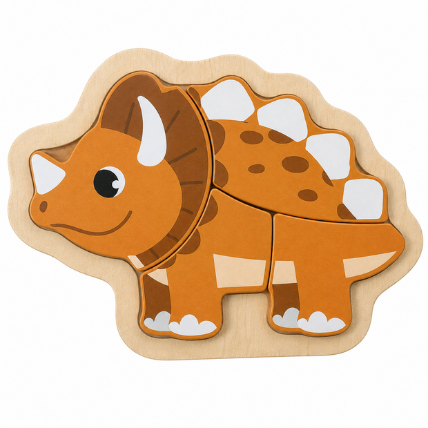 Houten inlegpuzzel met een vriendelijke bruine dinosaurus voor peuters